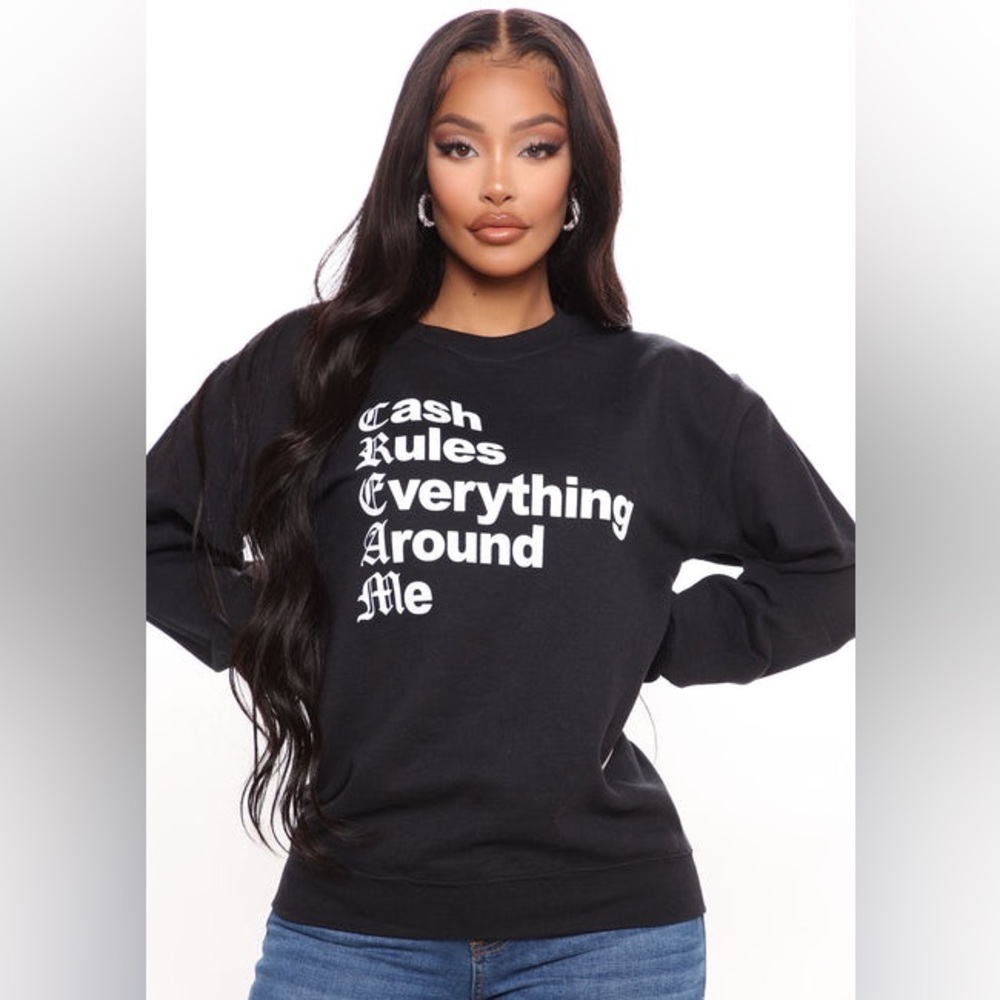Fashion Nova Black Graphic Crewneck Sweatshirt Cash Rules Size Small